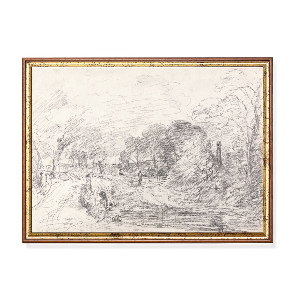 Pencil Sketch of a Country Bridge over a Stream Landscape Poster
