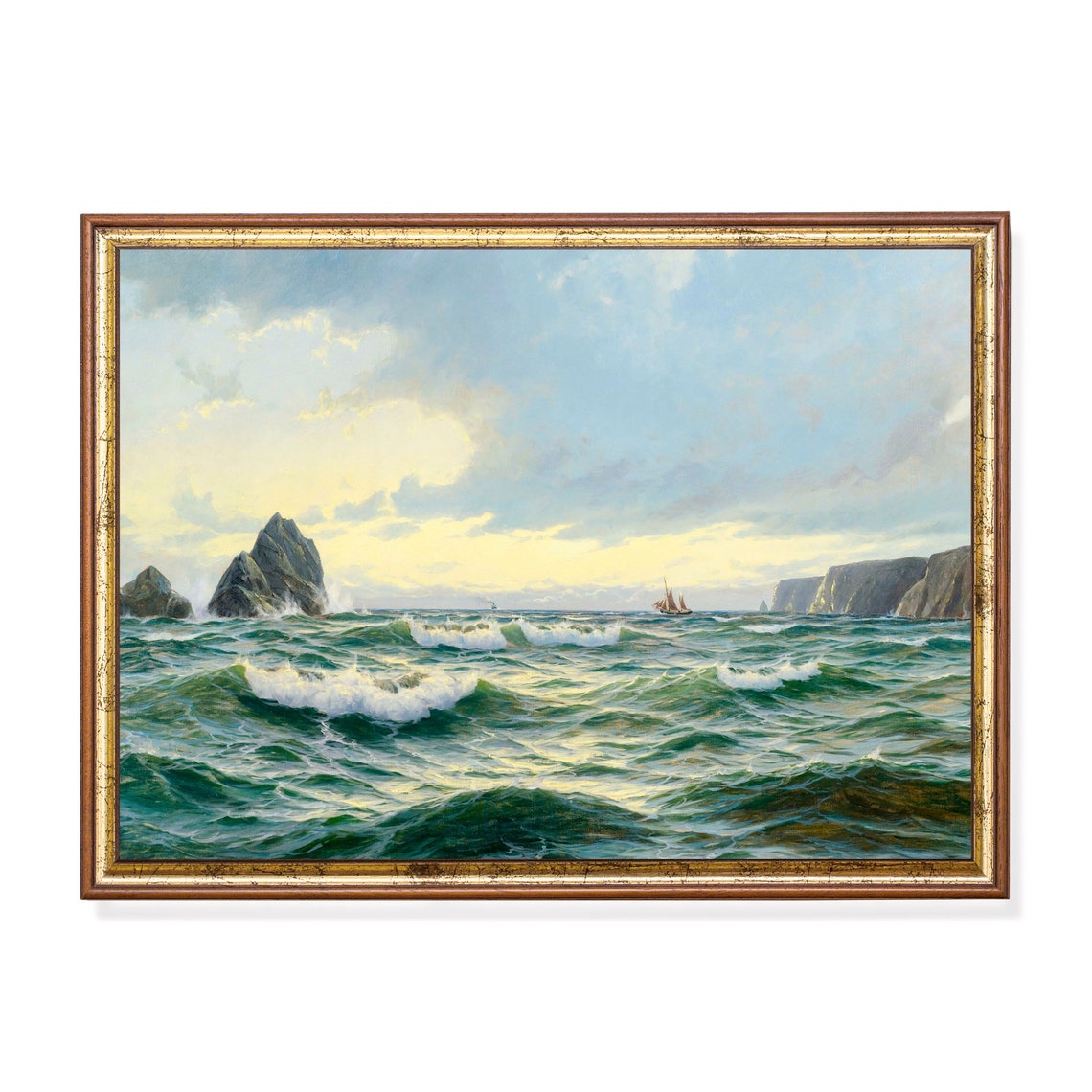 Rolling Ocean Waves Against Rocky Cliffs Vintage Seascape Poster