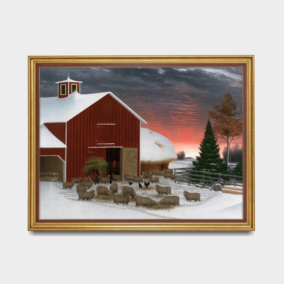 Red Barn Sheep and Chickens Snowy Winter Barnyard Folk Art Poster - Image 5