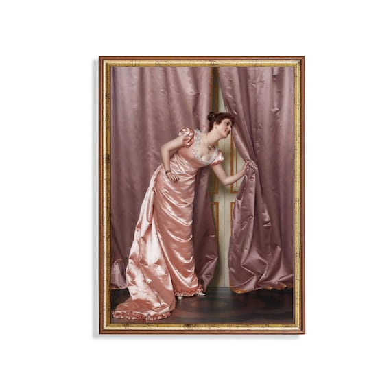 Elegant Woman in Pink Satin Gown Peeking Behind Curtains Poster