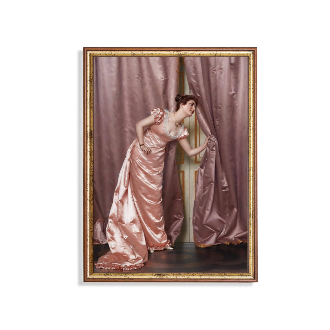 Elegant Woman in Pink Satin Gown Peeking Behind Curtains Poster