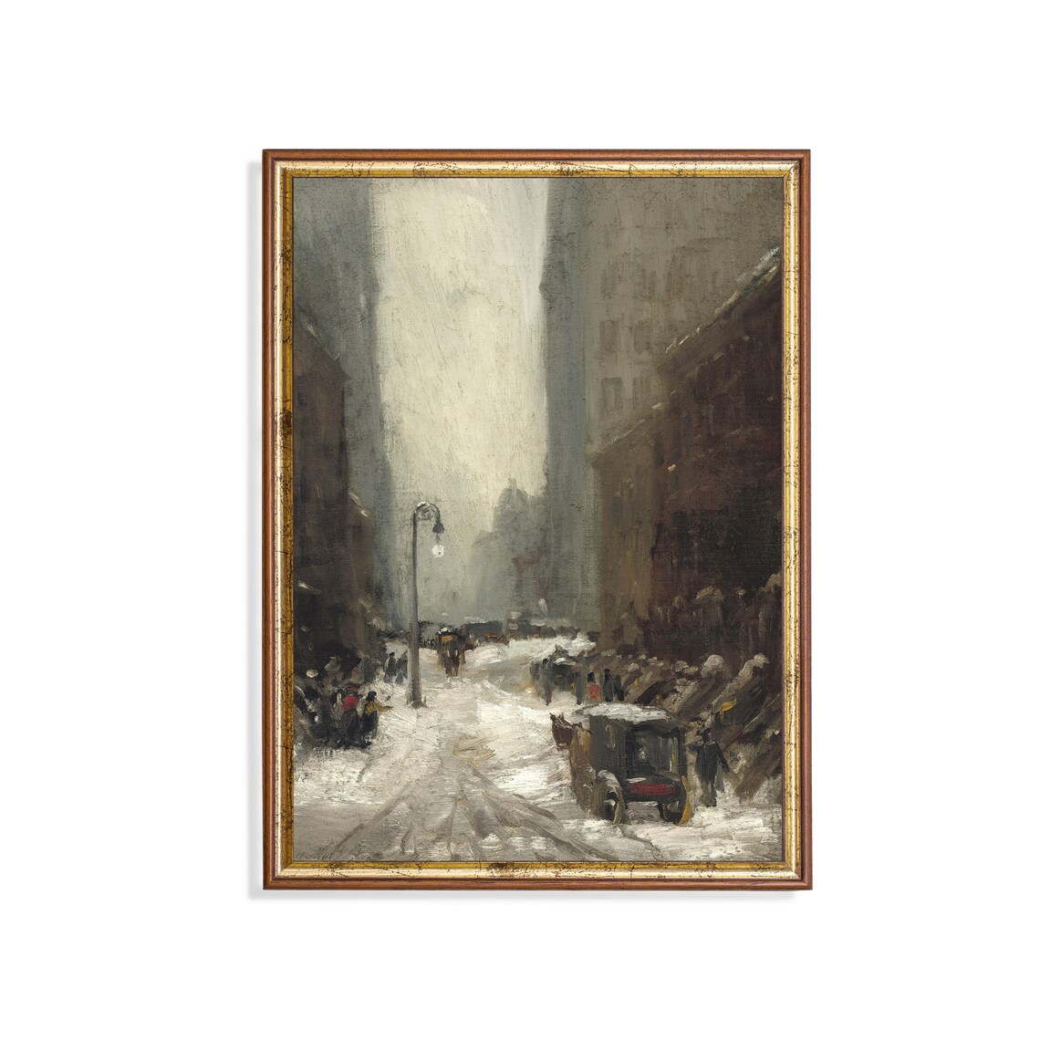 Snowy City Street at Dusk Horse Drawn Carriages Winter Poster