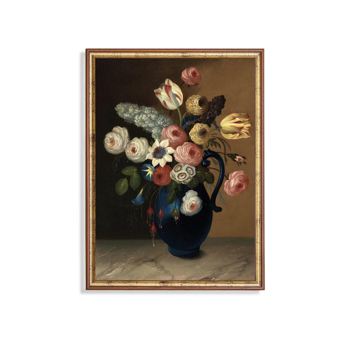 Roses and Tulips Overflowing From a Blue Jug Still Life Poster