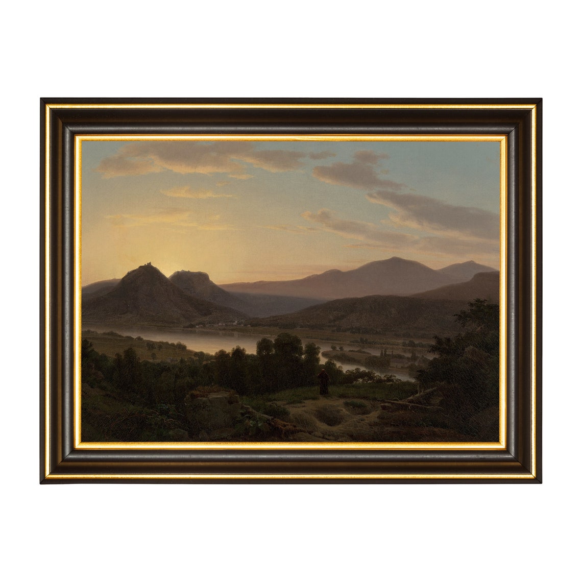 Sunset Over Mountain River Valley With Lone Wanderer Landscape Poster - Image 3