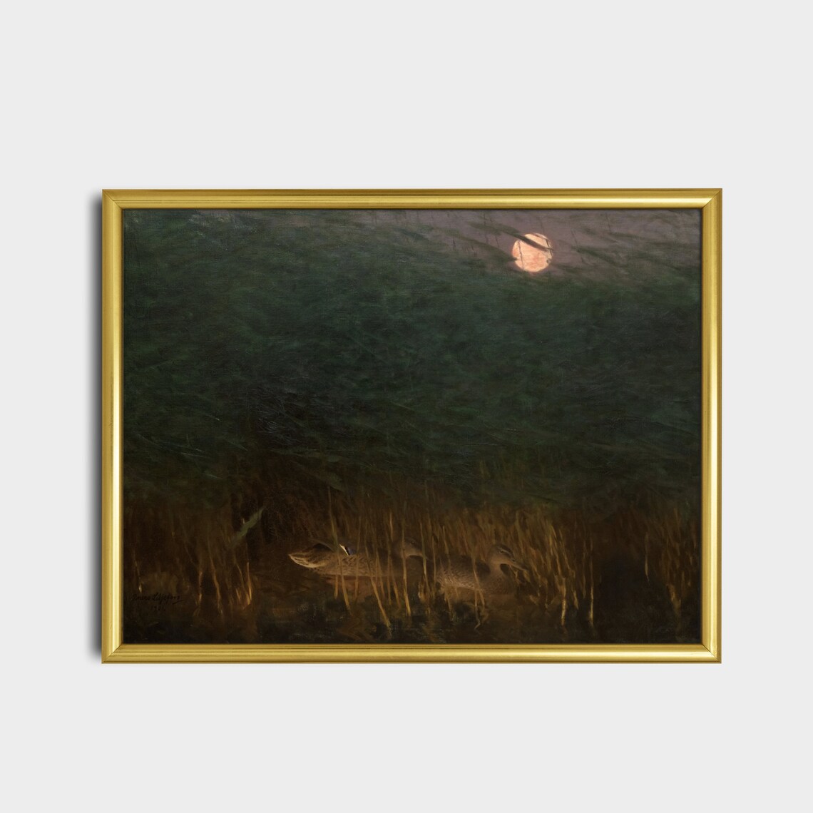 Wild Ducks Among Moonlit Reeds on a Dark Lake Vintage Painting Poster - Image 2