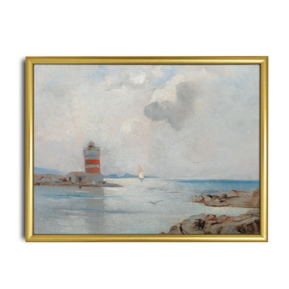 Vintage Lighthouse Painting Antique Seascape Print Coastal Decor Ocean Beach Art Wall Art Fine Art