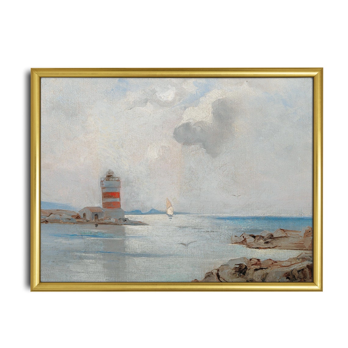 Red Striped Lighthouse on Rocky Shore Calm Sea Vintage Seascape Poster