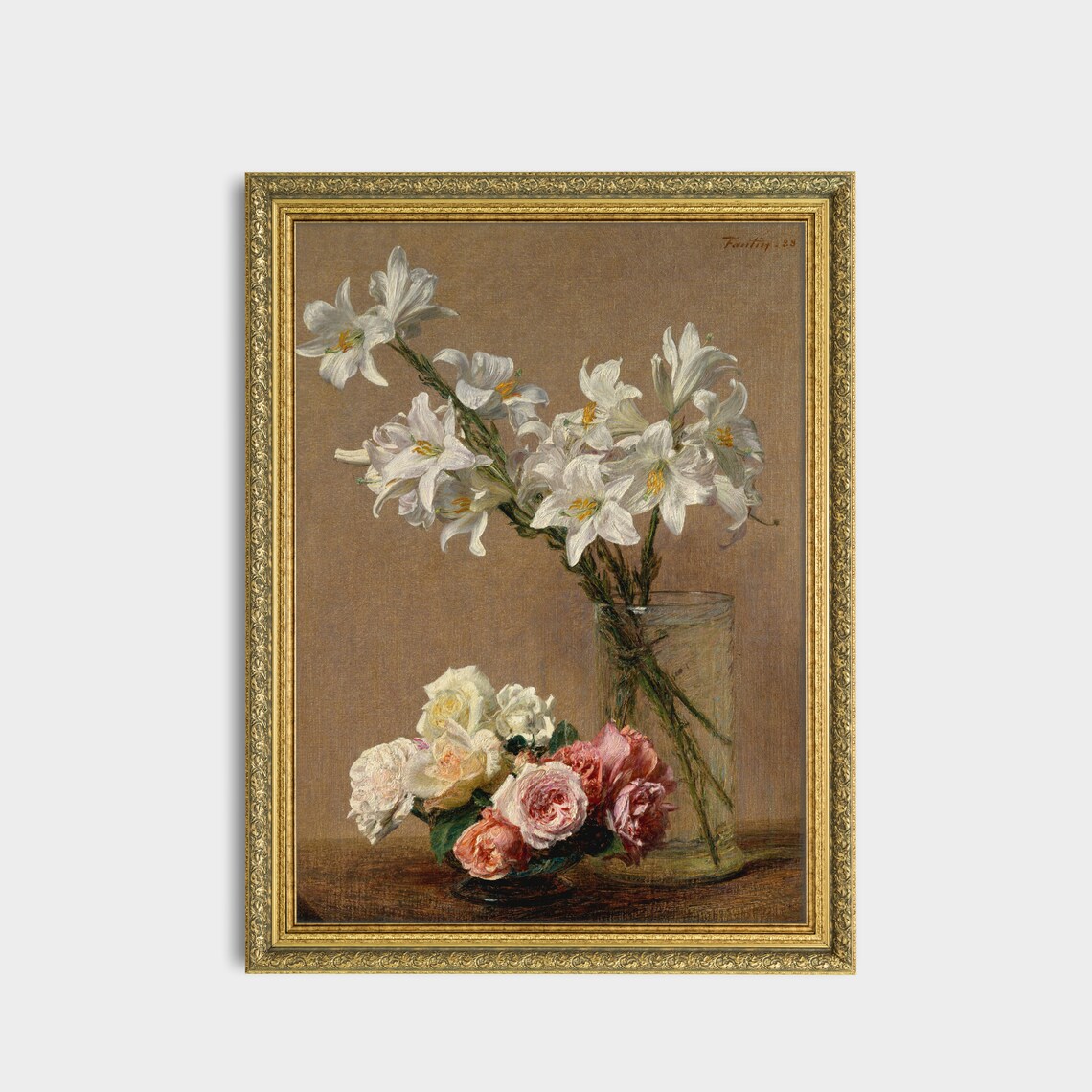 White Lilies and Roses in a Glass Vase Still Life Art Poster - Image 2