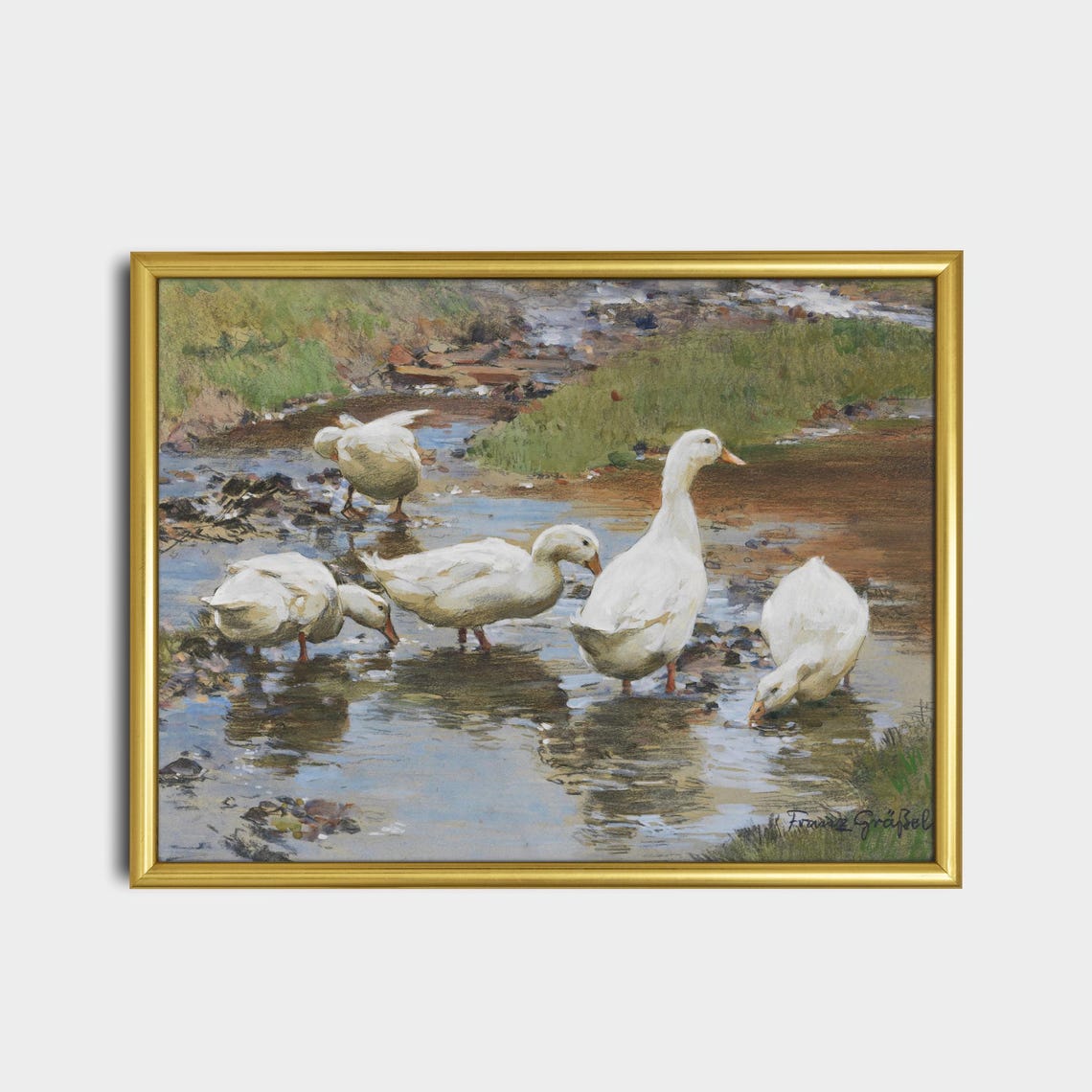 White Ducks Drinking at a Stream by Franz Grässel Vintage Poster - Image 2