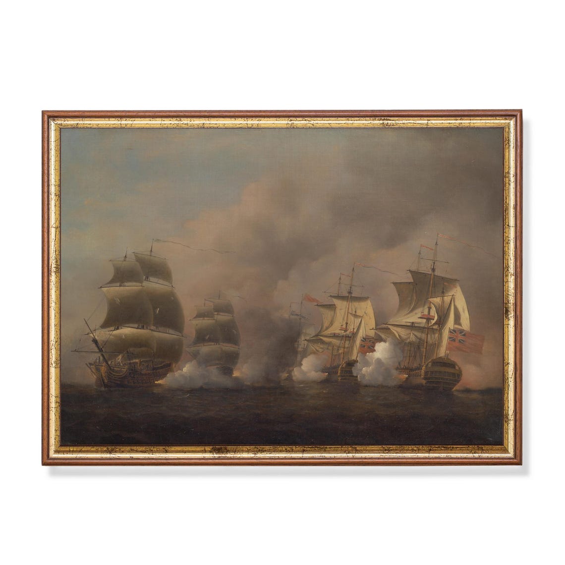 Tall Ships Exchanging Cannon Fire in a Naval Battle Marine Poster