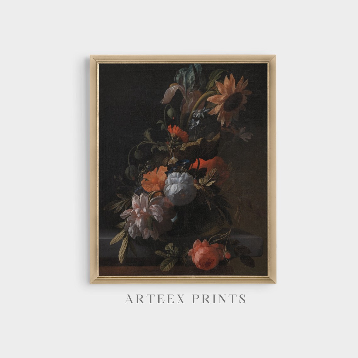 Sunflower and Poppy Bouquet Dark Floral Still Life Antique Poster - Image 4