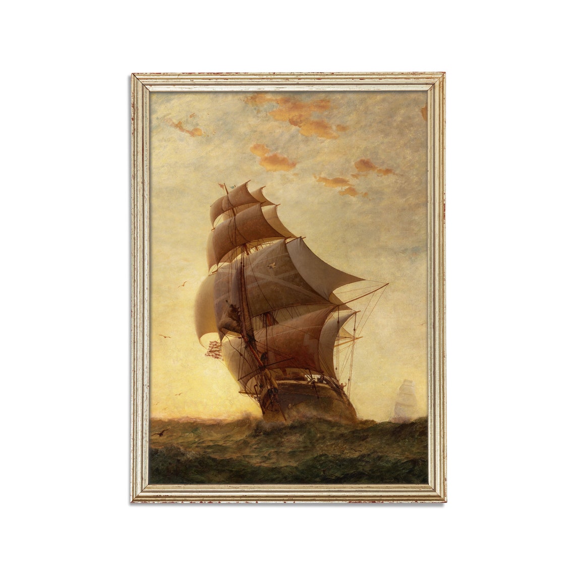 Tall Ship Under Full Sail at Sunset Vintage Maritime Seascape Poster - Image 2