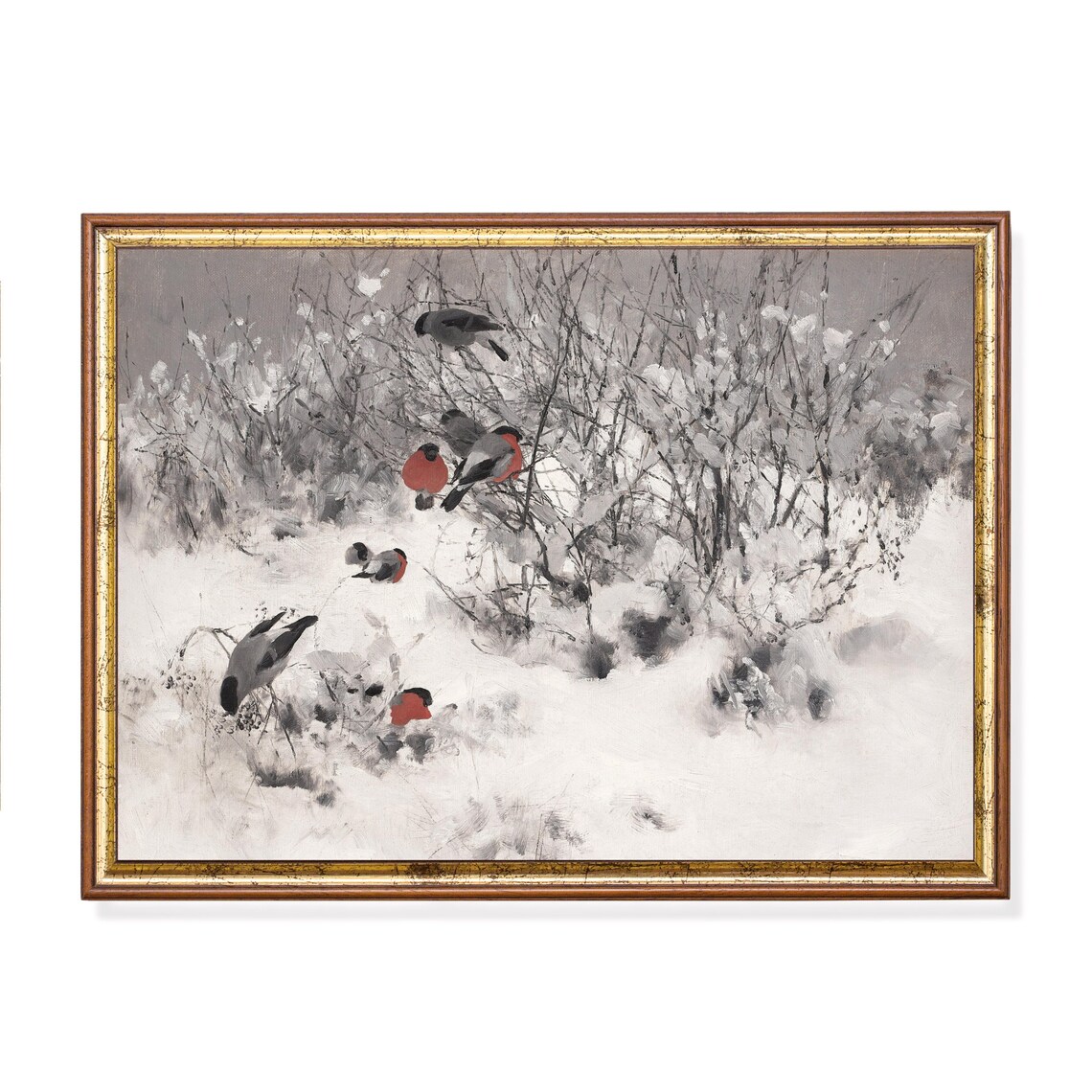 Bullfinches in Snow Winter Birds Vintage Wildlife Painting Poster
