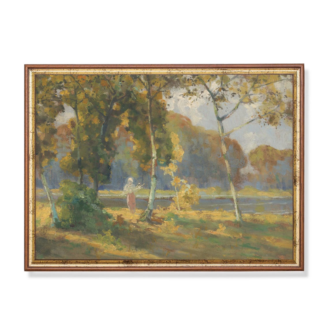 Autumn Birch Forest by a River Vintage Landscape Painting Poster