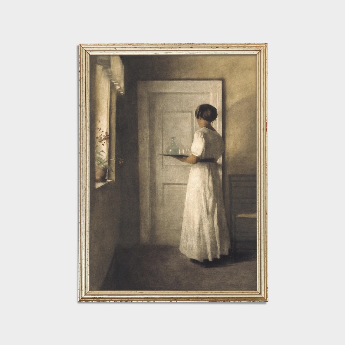 Woman With Tray By Door Danish Interior Muted Antique Painting Poster - Image 2