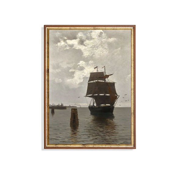 Vintage Sailing Ship Painting Antique Seascape Print Nautical Decor Muted Seascape Wall Art Fine Art