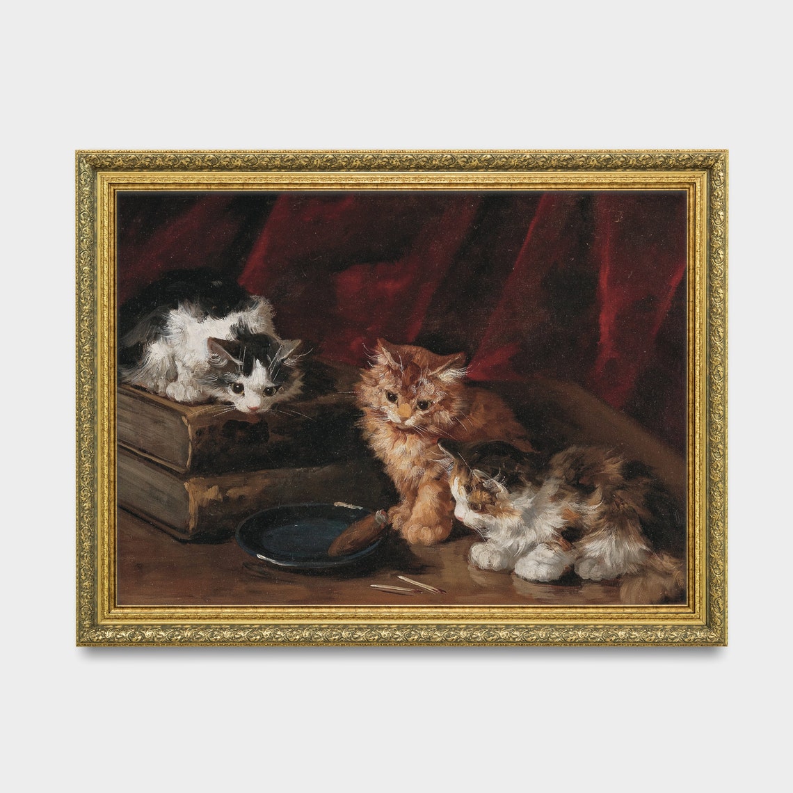 Three Kittens with Old Books and a Bowl on a Red Curtain Poster - Image 3