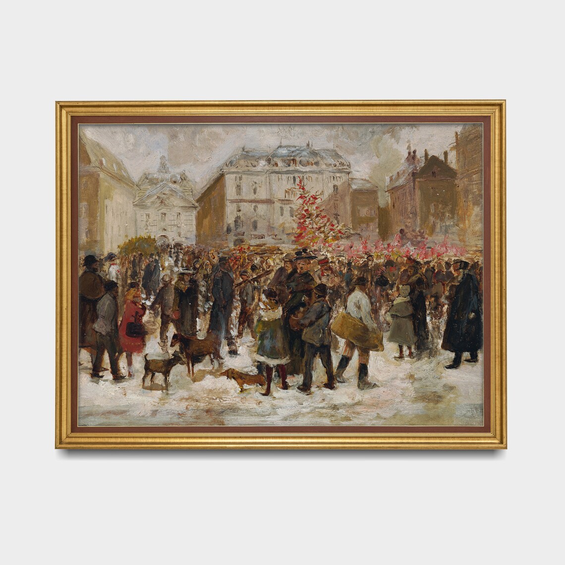 Christmas Market Crowd in a Snowy City Square Vintage Art Poster - Image 3