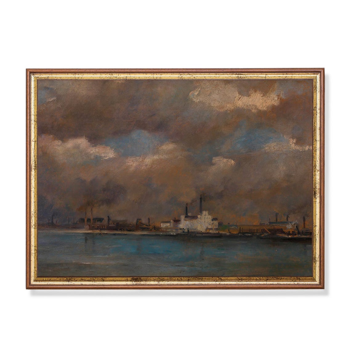 Antique Industrial Harbor Under Heavy Storm Clouds Painting Poster