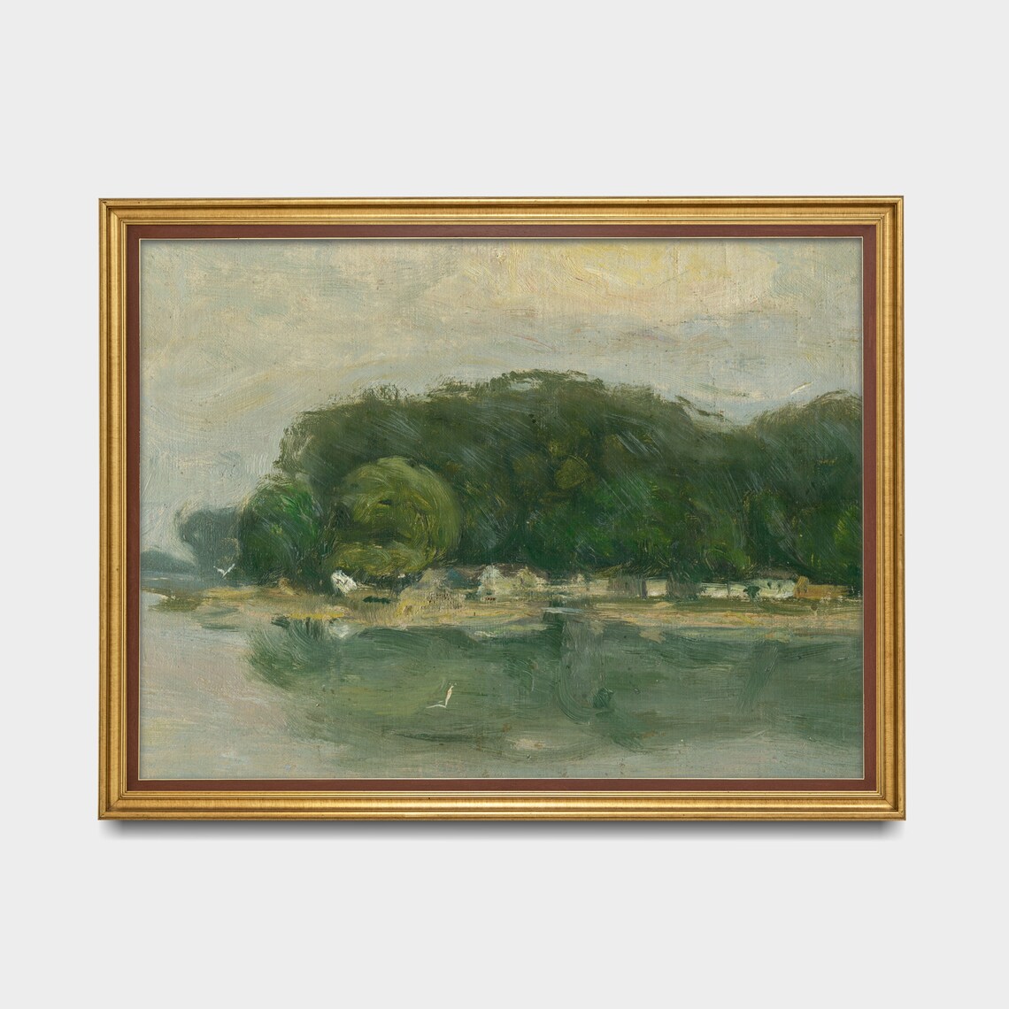 Wooded Riverbank with White Cottages Impressionist Landscape Poster - Image 3