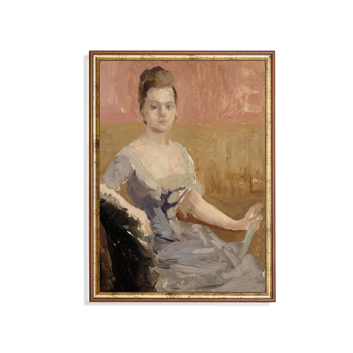 Seated Woman in a Gray Dress Holding a Fan Impressionist Poster