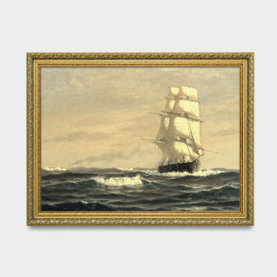 Vintage Seascape Painting Antique Ocean Beach Print Sailing Ship Moody Rustic Nautical Decor Wall Art - Image 3