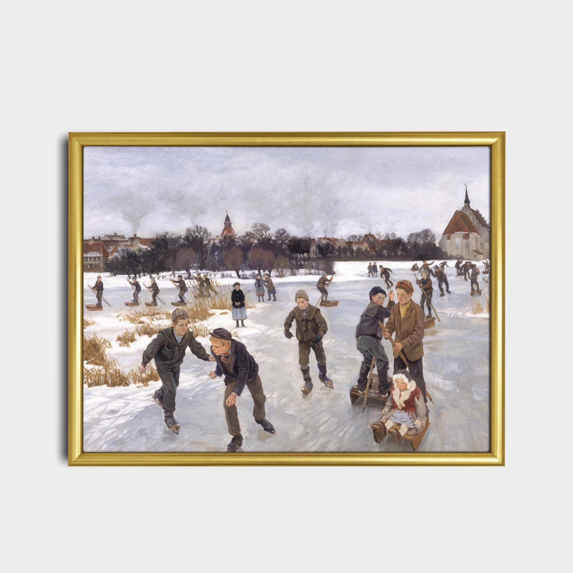 Children Ice Skating on Frozen Lake Vintage Winter Art Poster - Image 2