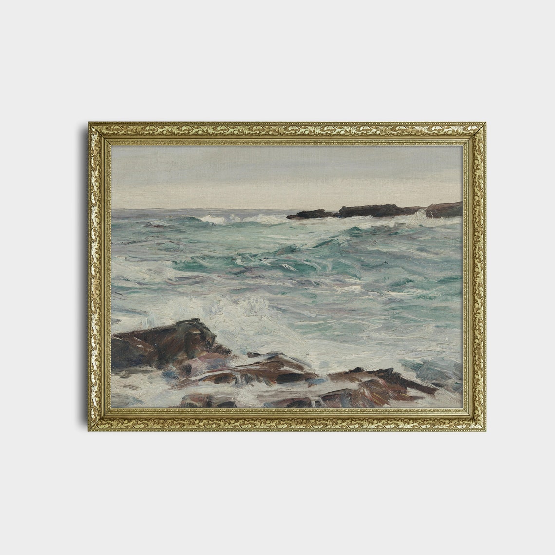 Waves Breaking on a Rocky Coastline Impressionist Seascape Oil Print - Image 2