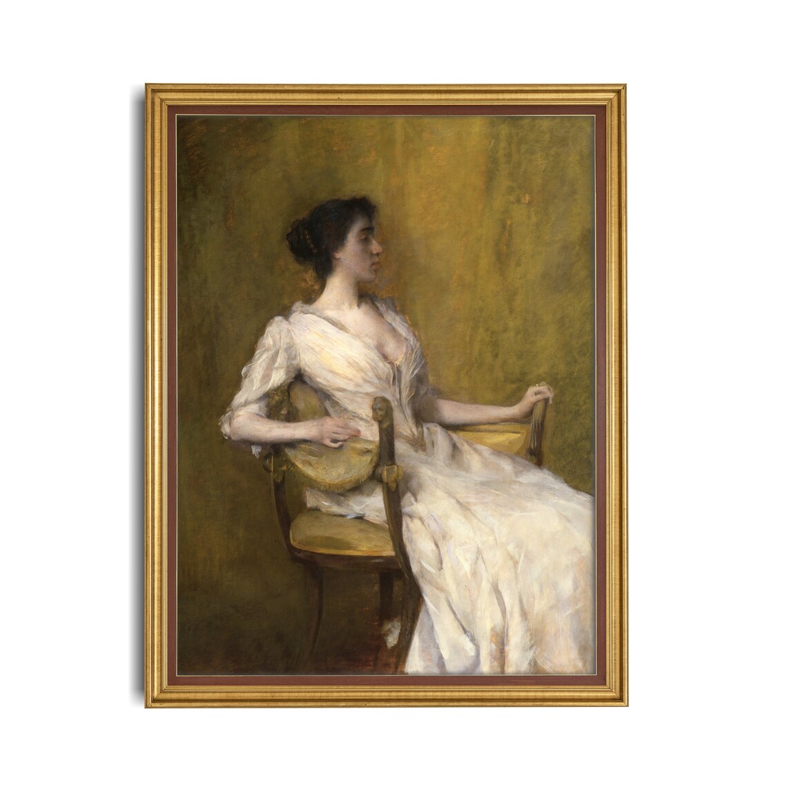 Seated Woman in White Dress against a Moody Golden Backdrop Portrait Poster - Image 2