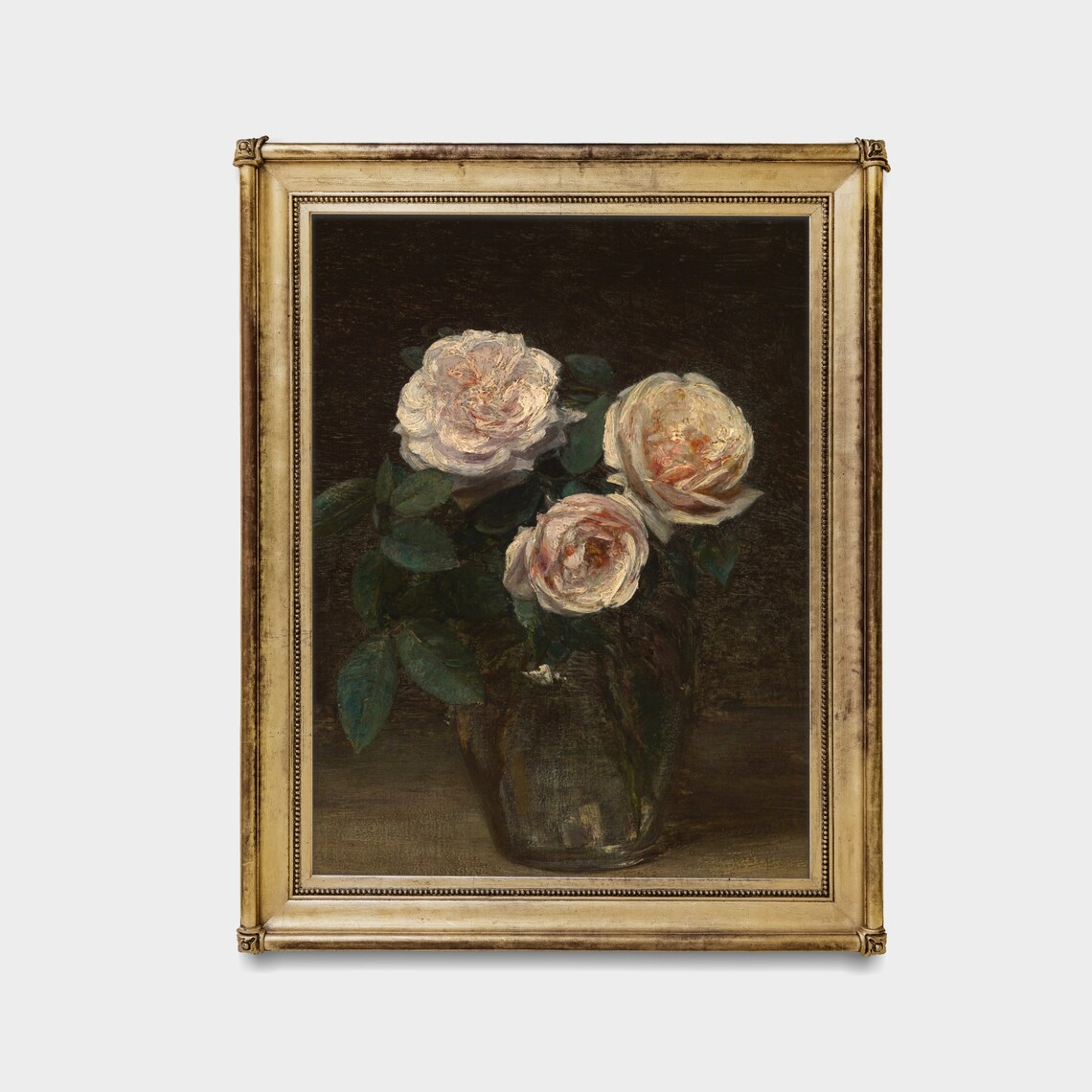 Three Pale Pink Roses in a Glass Vase Moody Floral Still Life Print - Image 4