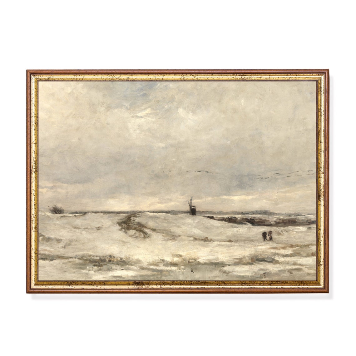 Snowy Dutch Winter Landscape with Windmill and Figures Vintage Poster
