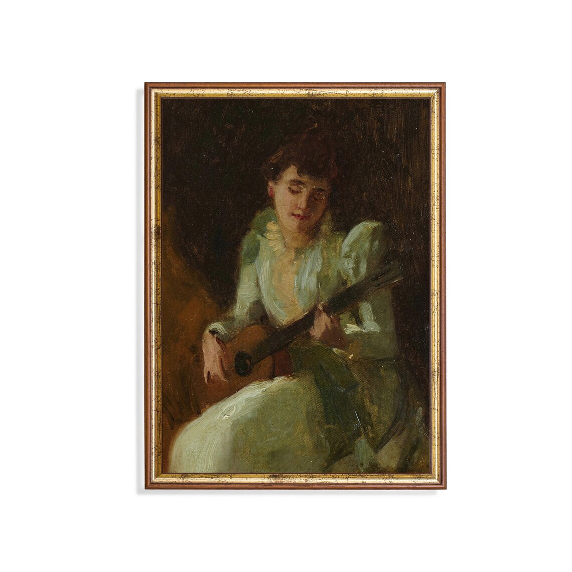 Woman in Green Dress Playing Guitar Moody Vintage Music Art Portrait Poster