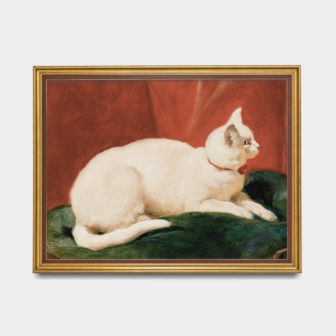 White Cat With Red Collar on Green Velvet Vintage Cat Poster - Image 5