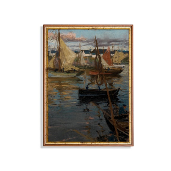 Vintage Sailing Boat Painting Antique Coastal Print Moody Rustic Oil Painting Nautical Decor Wall Art