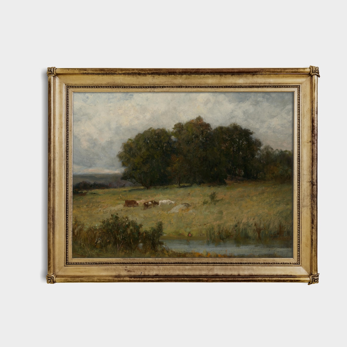 Cows Grazing by a Stream in a Moody Pasture Antique Oil Poster - Image 4