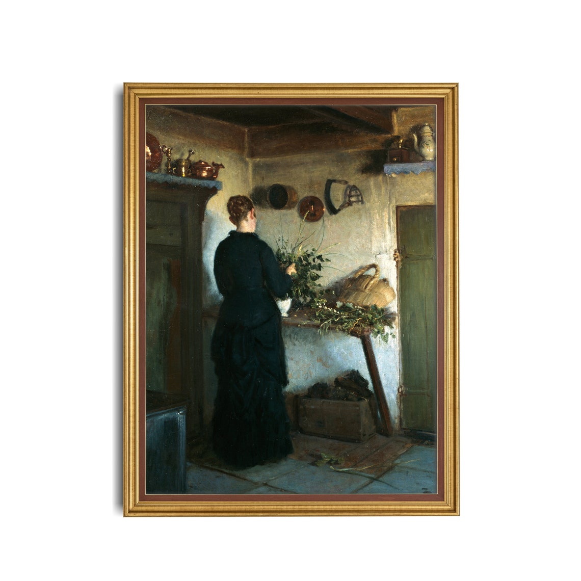 Woman in Black Arranging Flowers in a Rustic Kitchen Interior Poster - Image 3