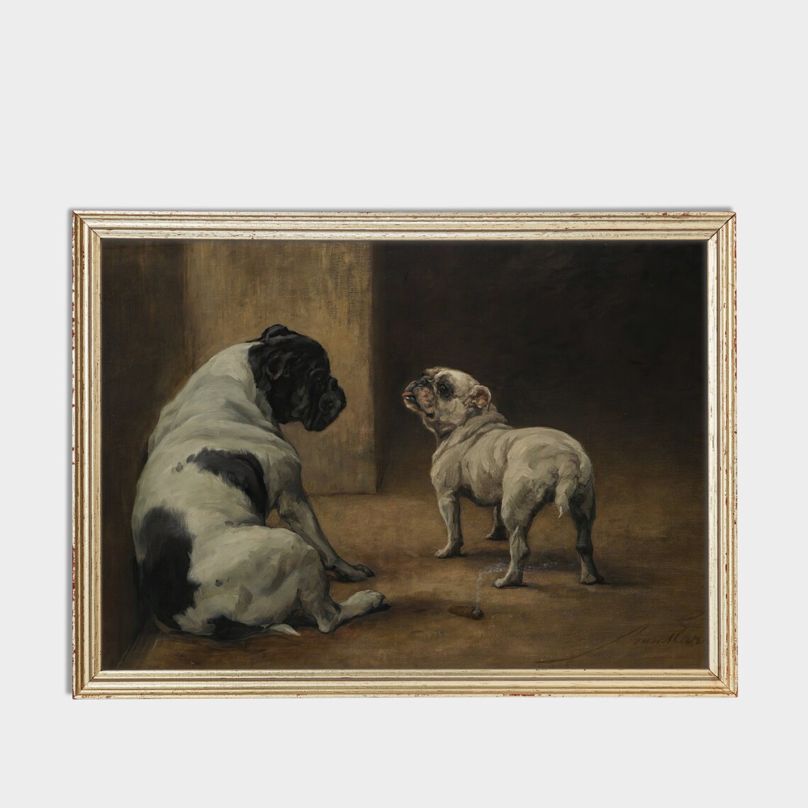 Two Bulldogs And A Small Bird Vintage Canine Oil Painting Poster - Image 3