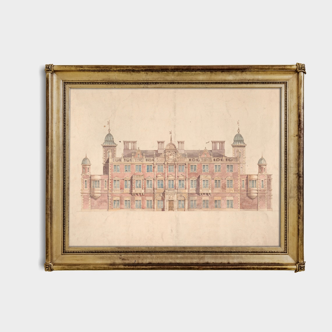 Grand Stately Home Architectural Elevation Watercolor Drawing Print - Image 4