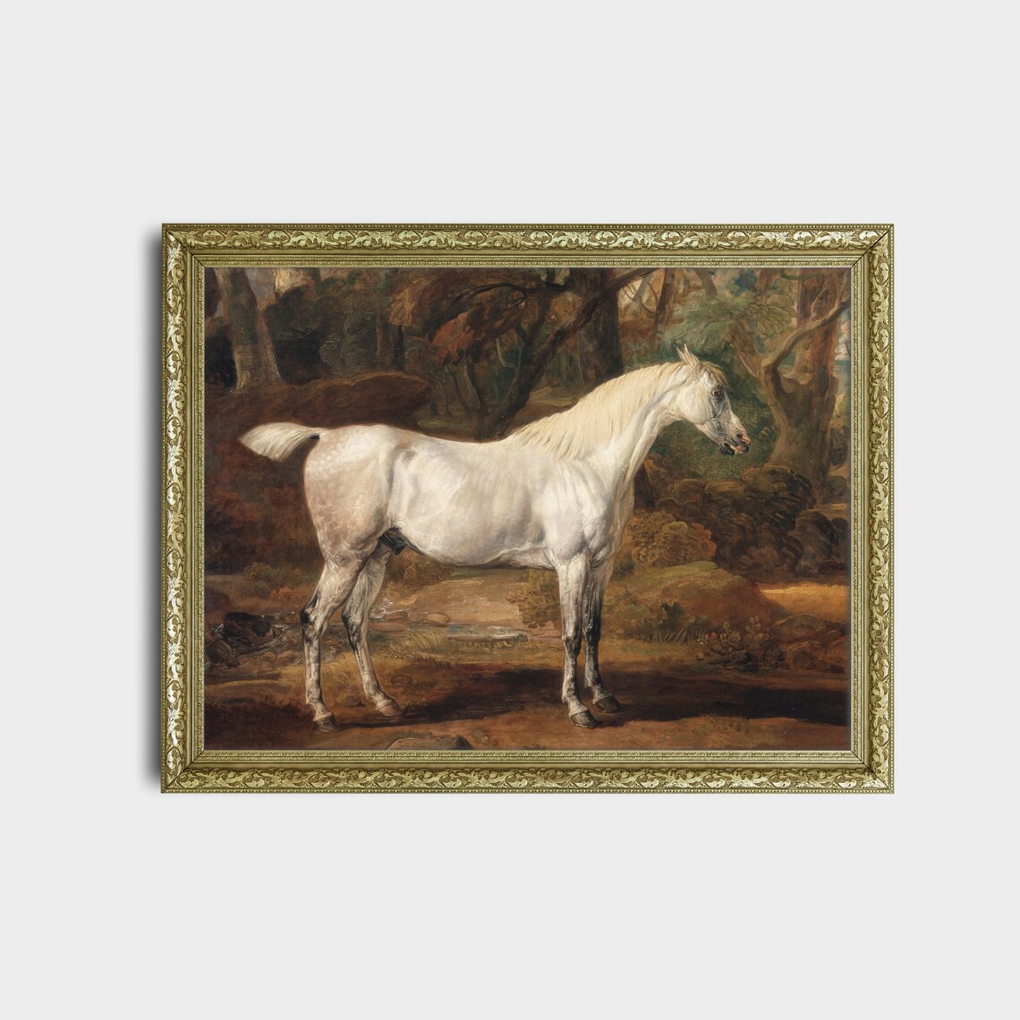 White Horse Standing in Woodland Antique Equine Painting Poster - Image 2