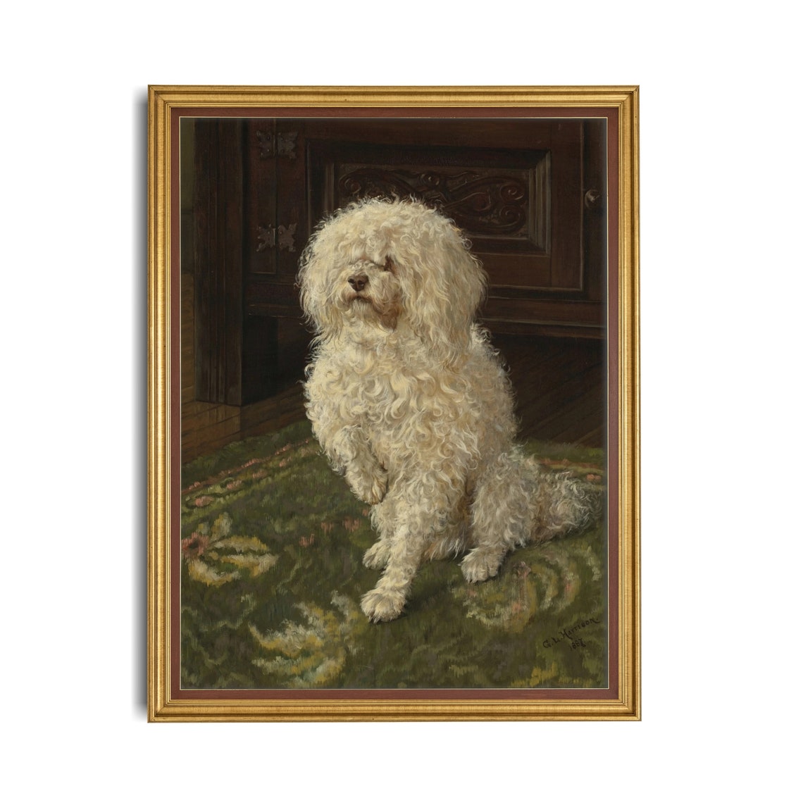 Fluffy White Curly Coated Dog Sitting on a Rug Portrait Poster - Image 2