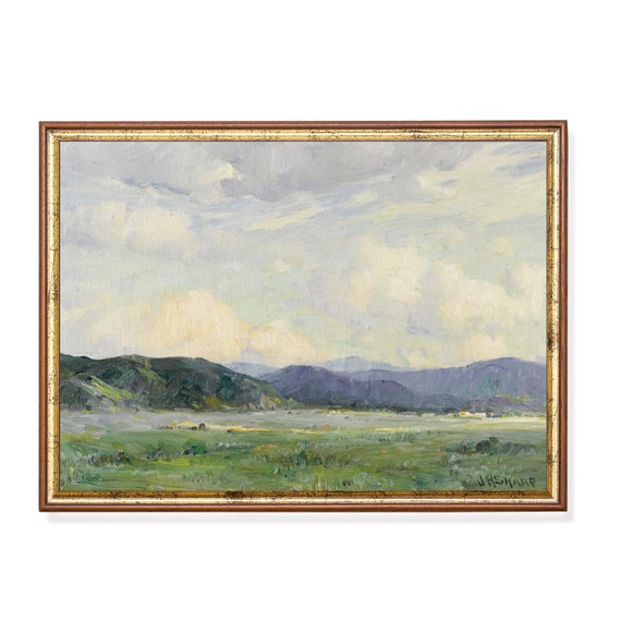 Printed And Shipped Green Landscape Painting Country Nature Scenery Antique Mountain Print Vintage Farmhouse Decor Physical Print