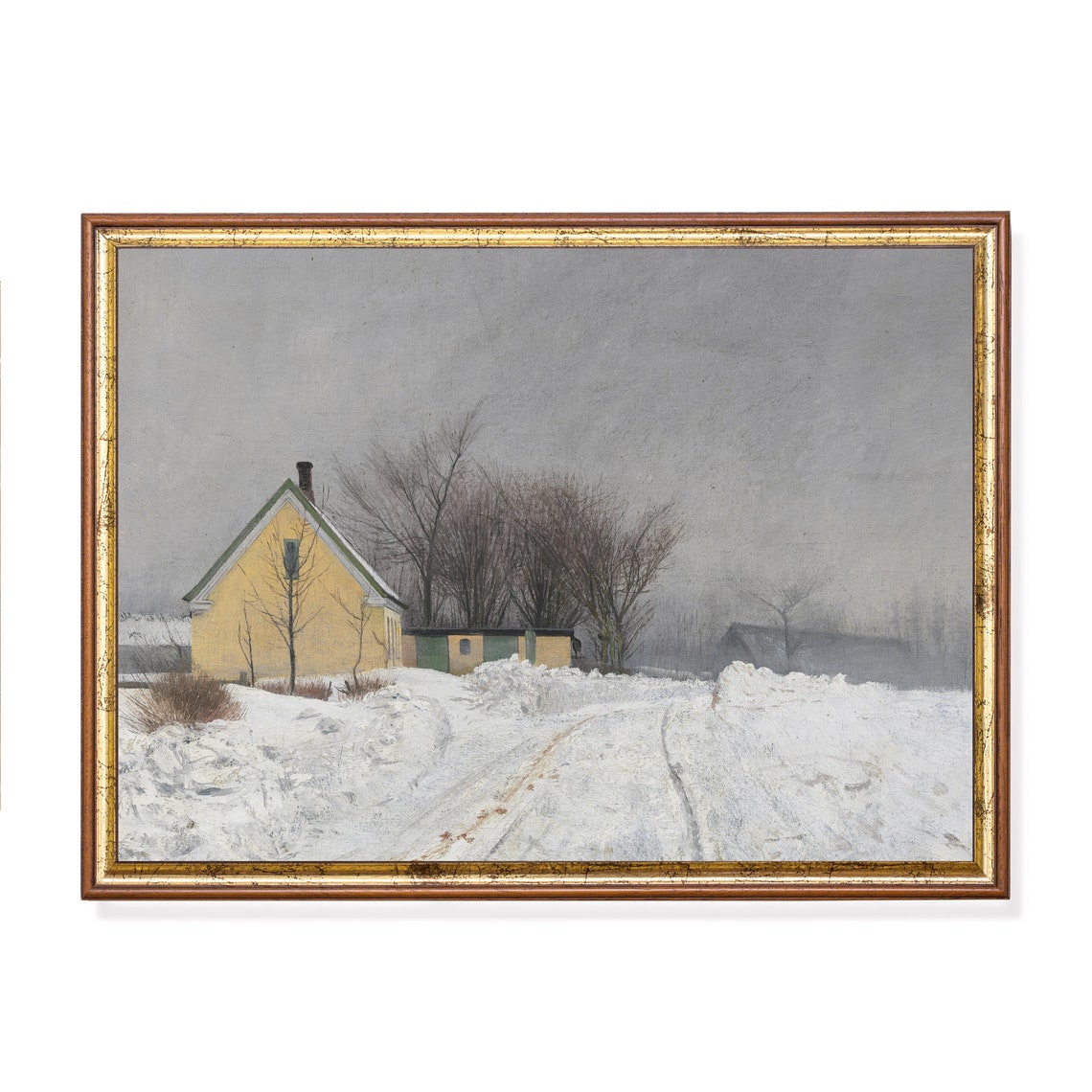 Vintage Wall Art Winter Landscape Snow Painting Foggy Cottage House Instant Antique Wall Art Farmhouse Christmas Decor