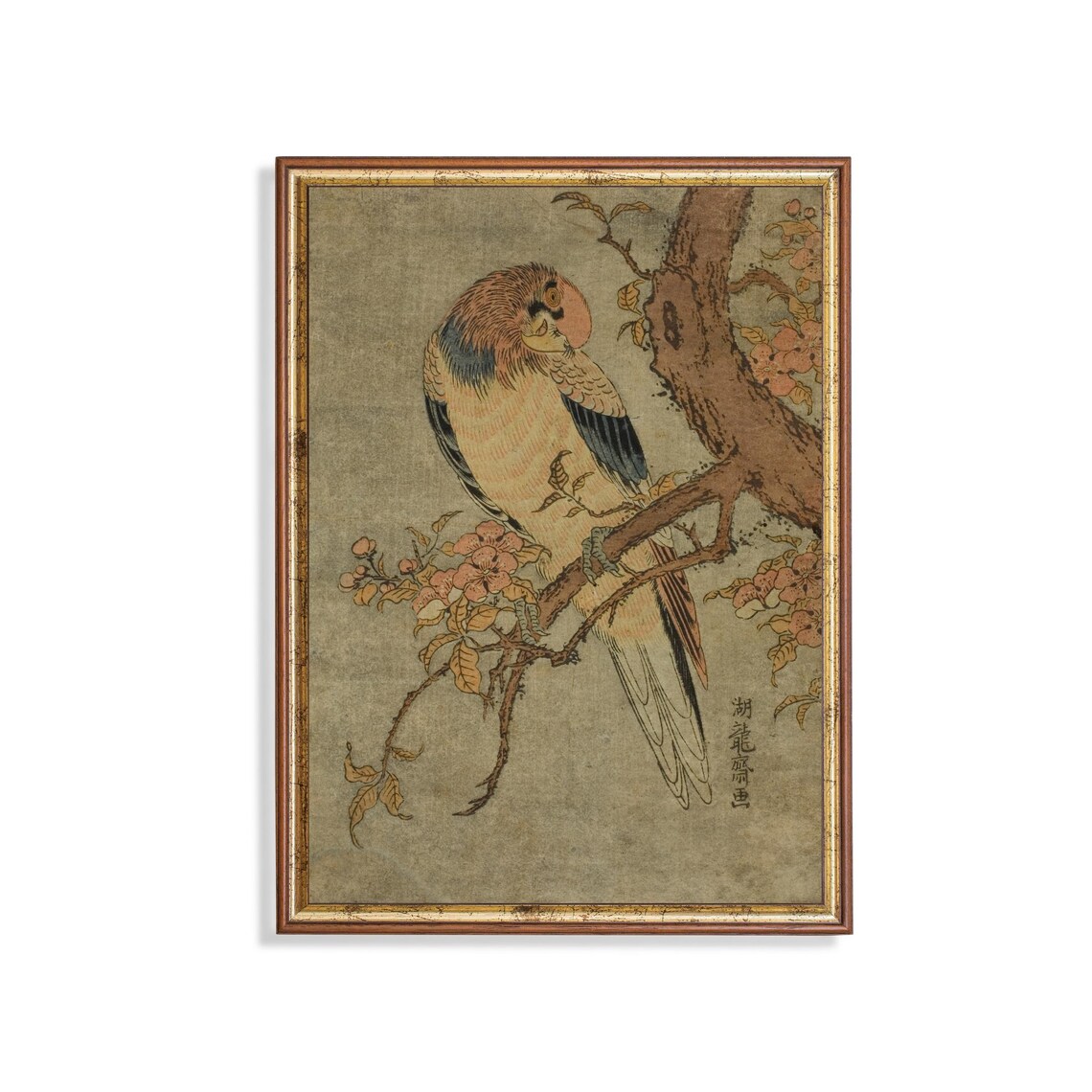 Japanese Woodblock Parrot on Flowering Branch Vintage Bird Poster - Image 5
