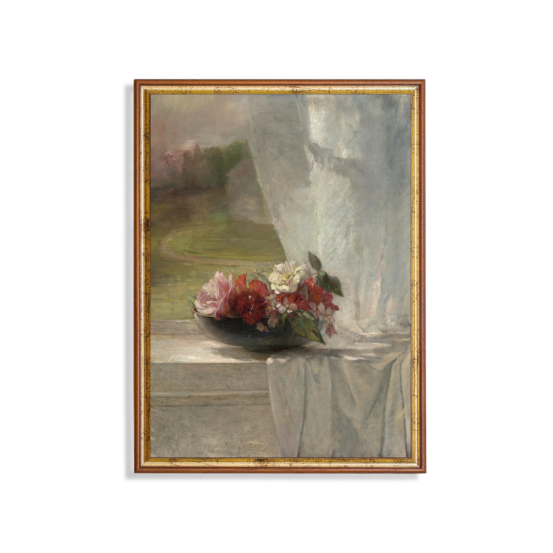 Bowl of Roses on a Windowsill Vintage Floral Painting Poster