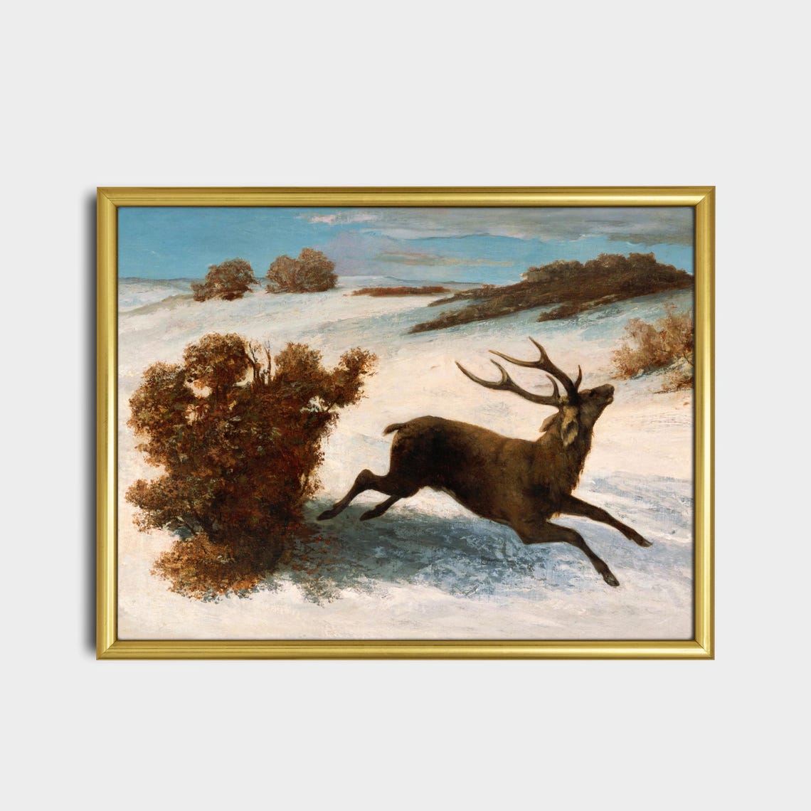 Stag Running Through the Snowy Moor at Dawn Vintage Wildlife Poster - Image 2