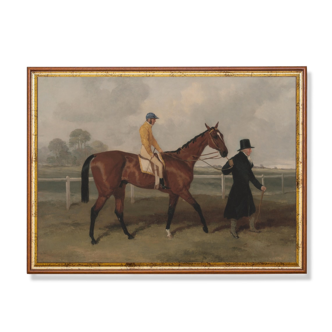 Bay Racehorse with Jockey and Gentleman Equestrian Vintage Poster