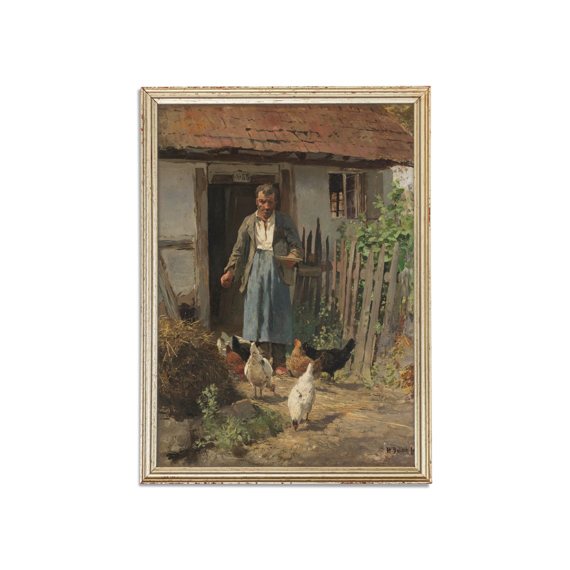 Farmer Feeding Chickens Outside a Farmhouse Door Vintage Poster - Image 4