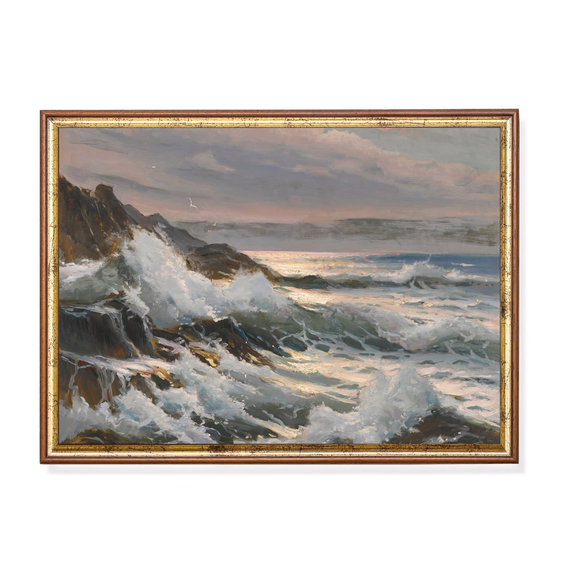 Crashing White Waves Sunset Rocky Shore Dramatic Seascape Poster