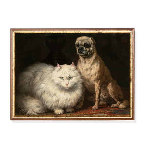 Print And Ship Vintage Cat Dog Painting Antique Animal Fine Print Moody Rustic Oil Painting Farmhouse Decor Mailed Print