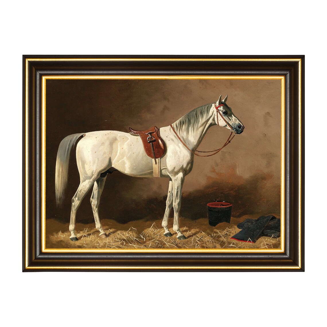 Saddled White Horse in Stable Vintage Equestrian Oil Painting Poster - Image 2